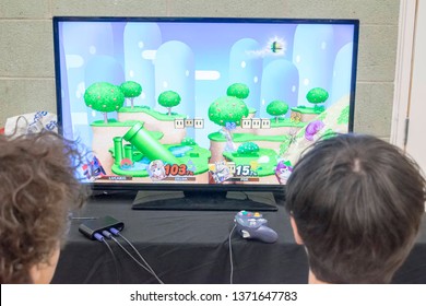 MANCHESTER, ENGLAND - APRIL 14, 2019: Super Smash Brothers On The Nintendo Gamecube At The Manchester Anime And Gaming Convention