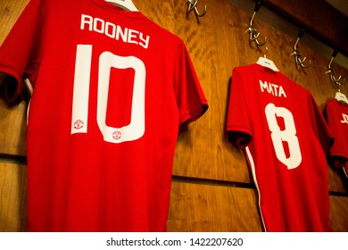 Manchester, England - April 15 2017: Wayne Rooney And Juan Mata Number 10 And Number 8 Shirts Hanging In Manchester United Change Room At Old Trafford