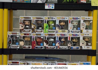 MANCHESTER, ENGLAND - APRIL 2, 2016: Collection of Pop Vinyl Figures at the Manchester Anime and Gaming Convention