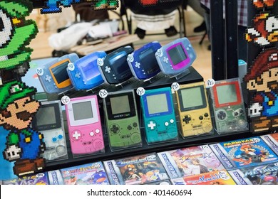 MANCHESTER, ENGLAND - APRIL 2, 2016: Nintendo Gameboys at the Manchester Anime and Gaming Convention