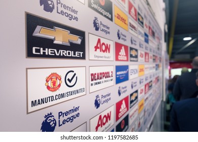 Manchester, England - April 2018 : Official Partner Backdrop In The Tunnel Of Old Trafford The Home Of Manchester United Football Club