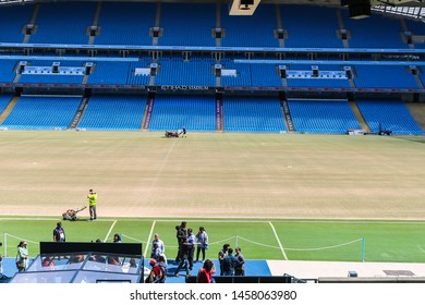 MANCHESTER - ENGLAND, MAY 16, 2019 : A Group Tour At Etihad Stadium; The Home Ground Of Manchester City Football Club.