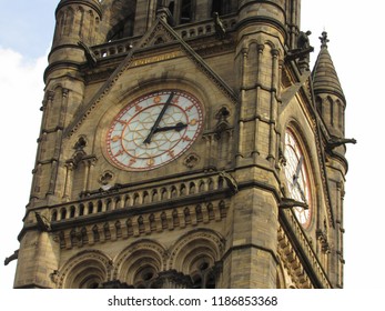 Manchester, England: September 2018 -  A close-up of the Town Hall Clock in Manchester City Centre