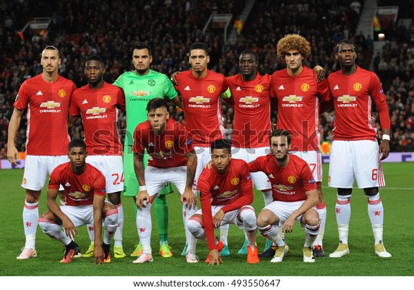 Group photo mural of the team Manchester United during UEFA Europa League match between Manchester United FC and FC Zorya Luhansk at Old Trafford.