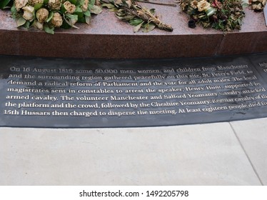 Manchester, England, UK - 08/30/2019: Memorial By Jeremy Deller To Victims Of The Peterloo Massacre 1819, Plaque Pt1/2, Manchester, England, UK
