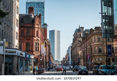 Manchester, England, UK - 11.20.2020: Deansgate Road with Old and New Buildings