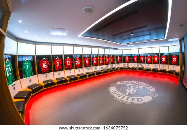 Stadium Locker room in the Old Trafford, the home football stadium of Man U in Premier League. Wallpaper. 