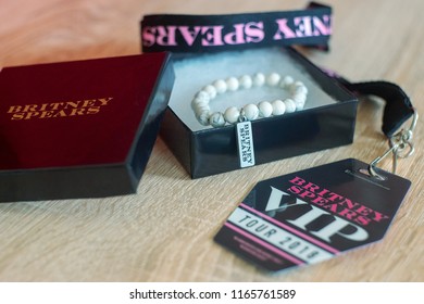 Manchester, England / United Kingdom - August 18 2018: Merchandise Jewellery Souvenir Gifts For Event Of Concert Tour VIP-visitors Of Britney Spears Album Piece Of Me.