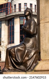 Manchester, England - United Kingdom - March 23rd, 2022: Statue of woman on the Duke of Wellington sculpture, by sculptor Matthew Noble, on a beautiful Spring afternoon.