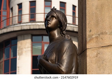 Manchester, England - United Kingdom - March 23rd, 2022: Statue of woman on the Duke of Wellington sculpture, by sculptor Matthew Noble, on a beautiful Spring afternoon.