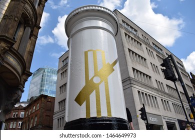 Manchester, Greater Manchester, UK. July 29, 2019. White Post Box Next To Town Hall Celebrating ICC Cricket World Cup Wins Of Both Men's And Women's Team In 2019 And 2017. Taken From Low Angle