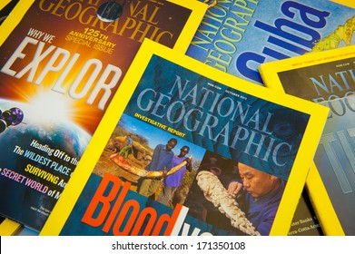 MANCHESTER - JAN 15: Collection of National Geographic Magazines on Jan. 15, 2014 in Manchester, UK. National Geographic Magazine has been published continuously since its first issue in October 1888.