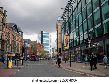 Manchester, Lancashire, England - April 19, 2022. Piccadilly Street In Manchester At Dusk.