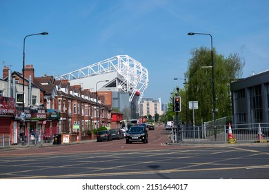 Manchester, Lancashire, England - April 20, 2022. Street With View Over Old Trafford Stadium, Home Of Manchester United.