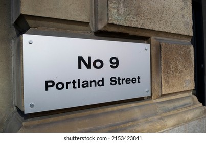 Manchester, Lancashire, England - April 20, 2022. Number 9 Portland Street Sign.