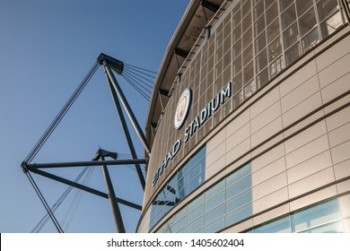 Manchester, Lancs / UK - 11 01 2018: Etihad Stadium, Manchester City Football Ground Exterior With Clear Blue Sky