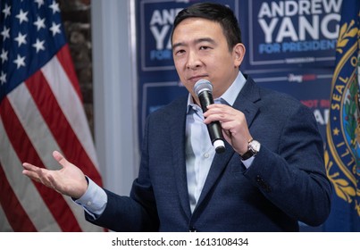 Manchester, N.H./USA -- Jan. 8, 2020: Andrew Yang Speaks In A Craft Brewery During The New Hampshire Presidential Primary. 