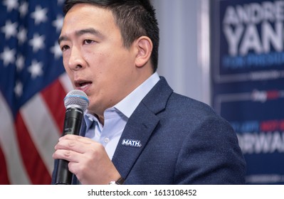 Manchester, N.H./USA -- Jan. 8, 2020: Andrew Yang Speaks In A Craft Brewery During The New Hampshire Presidential Primary. 