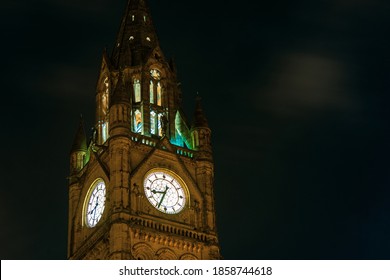 Manchester Township Town Hall clock tower closeup view in England, United Kingdom