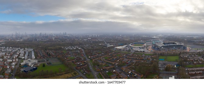 MANCHESTER, UK - 2020: Aerial panoramic view of Manchester City FC Etihad Stadium