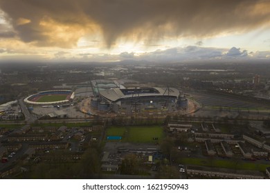 MANCHESTER, UK - 2020: Manchester City Football Clubs Etihad Stadium Aerial