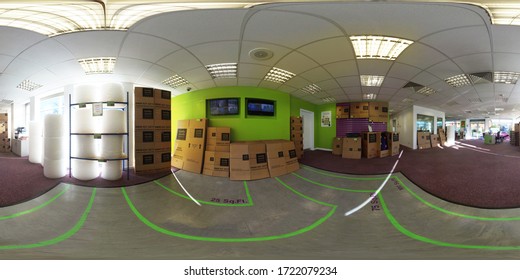 Manchester UK, 29th July 2018: 360 Degree panoramic sphere photo of the Worsley Ready Steady Store storage premises showing the reception, shop and office