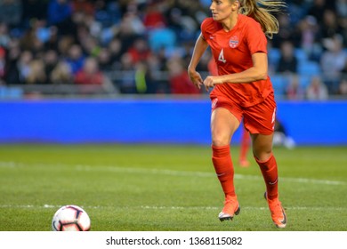 Manchester, UK - 5 April 2019: Canada's Shelina Zadorsky running with the ball against England during their game