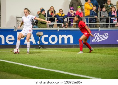 Manchester, UK - 5 April 2019: England's Jill Scott Holds The Ball Up From Jayde Riviere  (Canada)