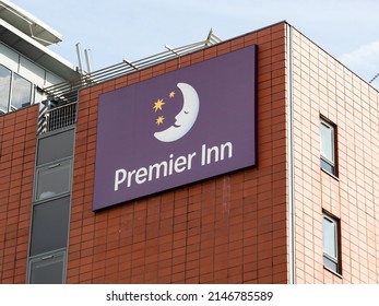 Manchester UK April 09, 2022 Premier Inn Hotel Sign On Outside Of Building