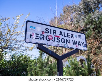 Manchester UK April 2022 Famous Road Side Sign Sir Alex Ferguson Way Old Trafford Manchester United