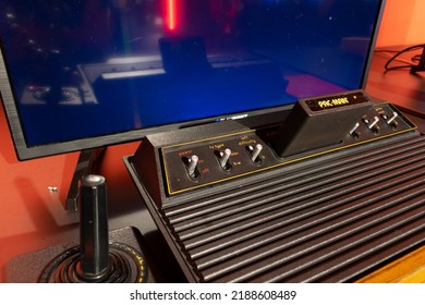 Manchester UK. August 10, 2022. Atari 2600, 1978 Two Player Retro Games System At The Science And Industry Museum. Loaded With Pacman Cartridge