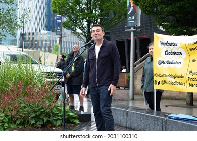 Manchester UK. August 21, 2021. Andy Burnham Mayor For Greater Manchester At Manchester Cladiators Rally. Flammable Cladding Protest.