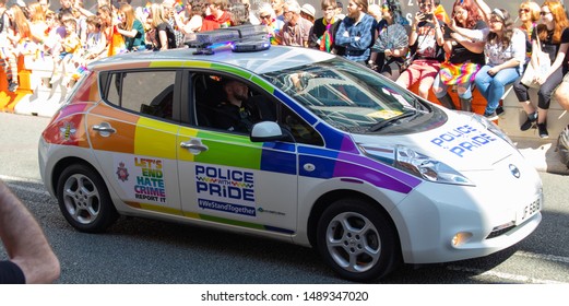 Manchester, UK - August 24, 2019: Manchester Pride Parade 2019. Colourful Police Pride Car With 