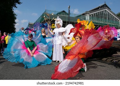 Manchester UK. August 27, 2022. Manchester Pride Parade. Group Of Participants In Flower Constumes. Theme March For Peace.