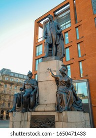MANCHESTER, UK - DECEMBER 10, 2017 : Wellington Monument, Piccadilly Gardens, Manchester; the duke of Wellington statue with the figures of Mars and Minerva  beneath him