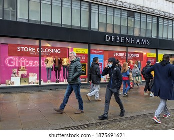 Manchester, UK. December 12, 2020. Debenhams Department Store With Sign Text Store Closing, Market Street. City Under Local Tier 3 Lockdown.