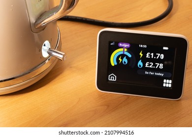 Manchester UK. January 17, 2022. Smart Meter Display Showing Energy Usage And Electric Kettle In Process Of Boiling. Use So Far Today With Gas Exceeding Budget.