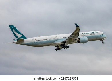 Manchester, UK. March, 17 2022: A Cathy Pacific Airbus A350 Taking Off From Manchester Airport