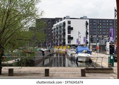 Manchester UK. May 14, 2021. New Islington Marina With Houseboat And Flats