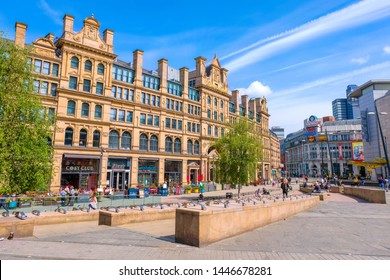 Manchester, UK - May 18 2018: Cityscape and architecture at Manchester city centre where is the location of the central business dictrict