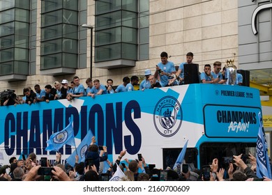 Manchester UK. May 23, 2022. Manchester City football team bus trophy parade after winning English Premier League. Exchange Square with Arndale shopping centre. 