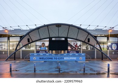 Manchester, UK - Nov 2016: Exterior Of Etihad Stadium The Manchester City Football Club Home Ground With Cloudy Sky Background.