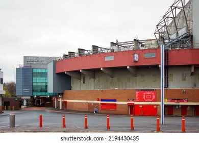 Manchester, UK - Nov 2016: View Of Old Trafford Stadium Exterior With Cloudy Sky Background. Home Of Manchester United Football Club.