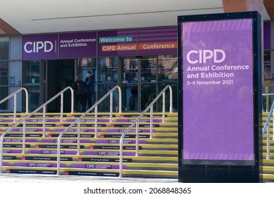 Manchester UK, November 3, 2021. CIPD Conference Venue At Manchester Central With Steps. Sign Text Annual Conference And Exhibition