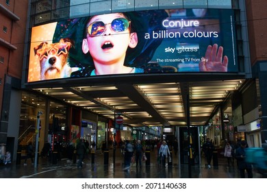 Manchester UK, November 5, 2021. Advert For  Sky Glass Streaming TV. Market Street Arndale Shopping Mall