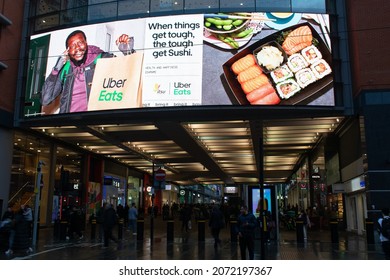 Manchester UK, November 5, 2021. Advert For  Uber Eats. Market Street Arndale Shopping Mall