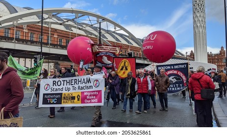 Manchester UK. October 3, 2021. Tory Party Conference Rotherham TUC Protest Marching In Front Of Manchester Central Conference Venue 