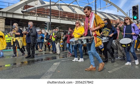 Manchester UK. October 3, 2021. Tory Party Conference Protest Marching In Front Of Manchester Central Conference Venue With Drums