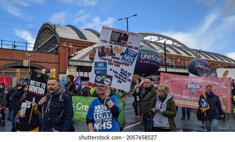 Manchester UK. October 3, 2021. Tory Party Conference Protest Marching In Front Of Manchester Central Conference Venue With Sign Text 3% Is An Insult And Other NHS Based Slogans