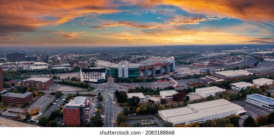 Manchester, UK. October 30, 2021. Old Trafford is a football stadium Greater Manchester England and the home of Manchester United. Aerial View of Iconic Football Stadium.